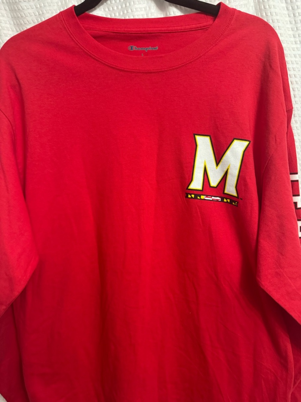Champion Red Long Sleeve Tee with White and Yellow 'M' Chest Graphic